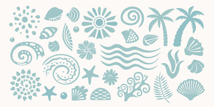 Seashells Palm Trees And Waves Pattern In Teal Turquoise