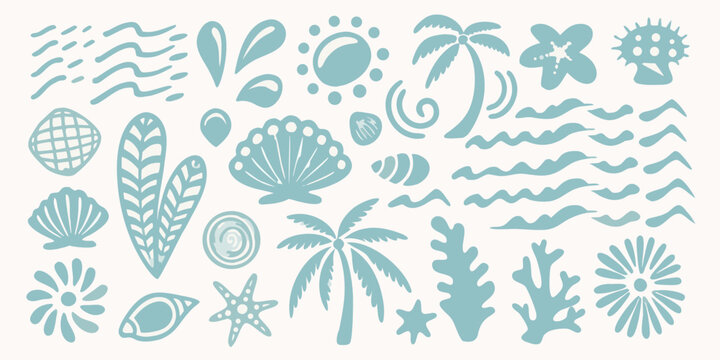 Teal Ocean Elements Vector Illustration With Seashells Waves And Palm Trees