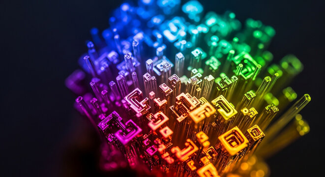 Colorful digital rendering of glowing Hebrew letters on transparent background