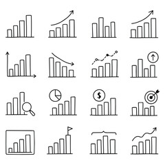 Obraz premium Hand Drawn Business Graph Icons. Collection of artistic bar charts depicting financial growth, market trends, and analytical insights. Symbolizes strategic planning and progress towards objectives.