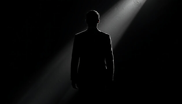 Businessman stands in a dark room illuminated by a single vertical beam of light that highlights his silhouette against the surrounding shadows while emphasizing his formal attire.