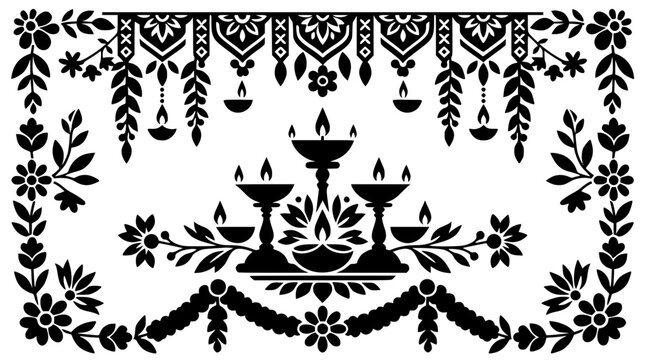 Black and White Traditional Diwali Diya Illustration with Floral Toran Border