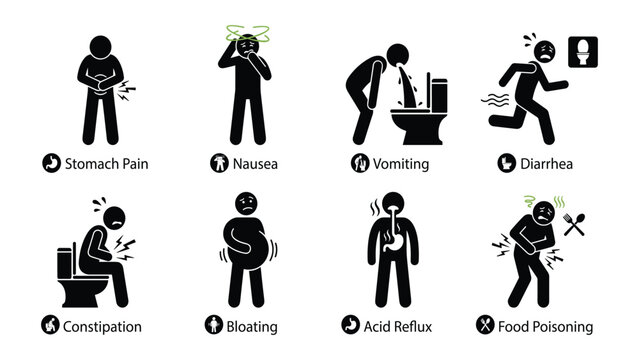 Digestive problems and stomach illness symptoms pictogram icon set. Vector stick figures depicting 8 medical conditions. Black isolated silhouettes on white background