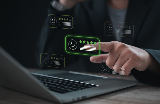 Customer satisfaction rating and online review management concept. Business professional evaluating user feedback, service quality, customer experience, reputation monitoring and performance assessmen
