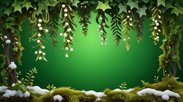 Enchanted Winter Forest Frame with Hanging Mistletoe White Berries and Snow Covered Moss on Vibrant Green Surface.