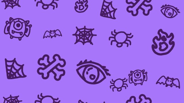 Hand-drawn spooky Halloween doodle icons seamless pattern in an abstract background animation with a cute purple cartoon monster wallpaper and horror sketches line art backdrop. Seamless looping.