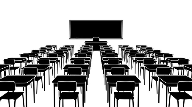Silhouette of an empty school classroom with desks and chalkboard