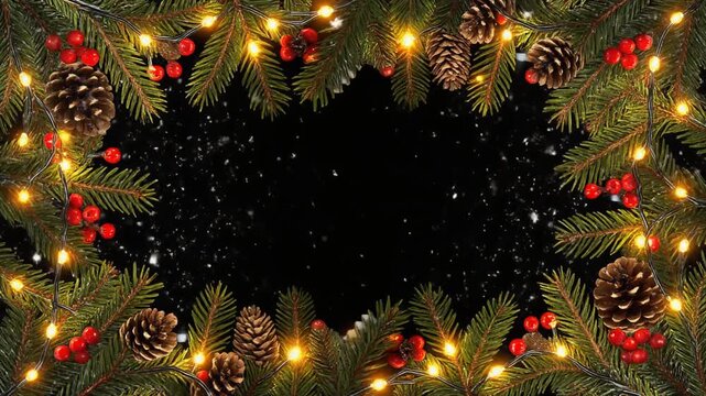 Elegant Christmas Frame with Glowing Fairy Lights Pine Cones Red Berries and Falling Snow on Dark Surface.