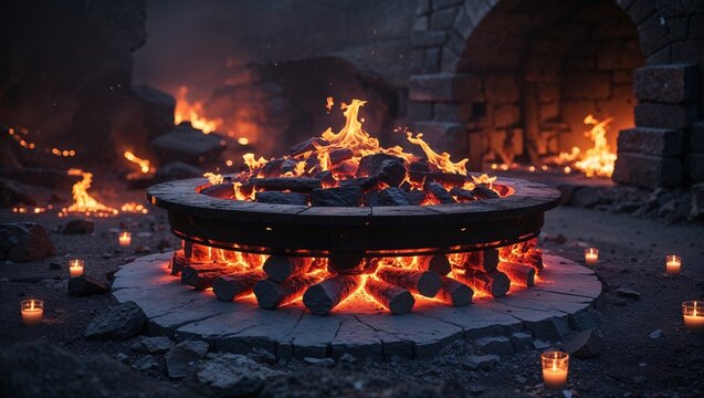 Burning coals inside blacksmith forge with glowing fire and metal workshop atmosphere
