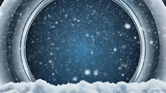 Futuristic Round Window View with Falling Snow and Winter Snowdrift on Dark Blue Surface.