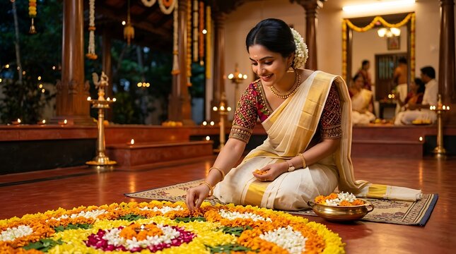 Indian woman creating a floral pookalam design for onam festival celebration