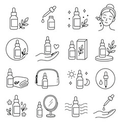 Skincare Serum Oil Bottle Icon Set. Facial essence treatment graphics featuring organic liquid containers for morning and night wellness routines © Lull