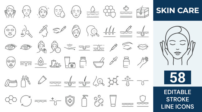 Skin care icons set. Containing Moisture cream, acid, anti wrinkle serum, ceramide, collagen, retinol compound, sunscreen, and more. Outline Icon Collection. Editable stroke. Vector illustration