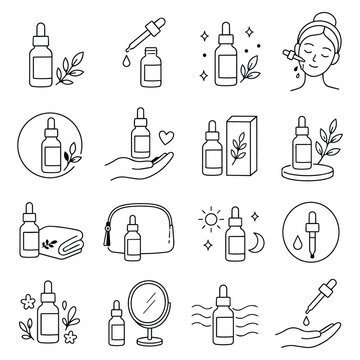Skincare Serum Oil Bottle Icon Set. Facial essence treatment graphics featuring organic liquid containers for morning and night wellness routines
