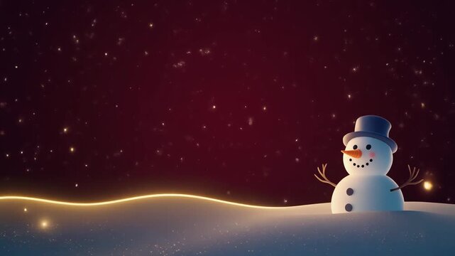 Cute 3D Snowman Character in Top Hat on Snowy Hill with Glowing Light and Falling Snow on Dark Red Surface
