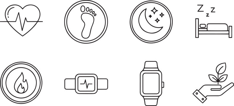 Fitness Activity Tracker and Smartwatch Health Monitoring Linear Vector Icon Set