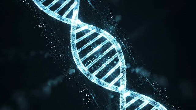 Abstract DNA helix structure made of glowing blue and cyan light particles spinning slowly