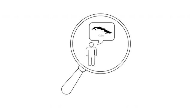 Magnifying glass over person thinking about a map of Cuba.