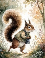 Squirrel in Sweater with Bag Walking Through a Colorful Forest Trail © Nongkran