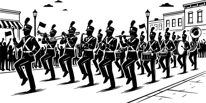 Marching band silhouettes, musicians with instruments, parade performers, flag bearers, drummers, trumpet players, marching formation, band performance illustration 