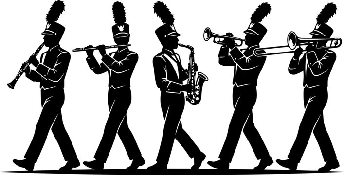 Marching band silhouettes with trumpet, trombone, flute, saxophone, clarinet, musicians in uniform, parade performance, musical ensemble illustration design