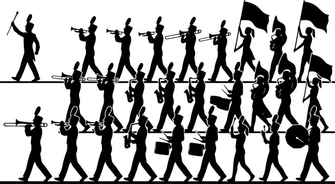 Marching band silhouettes, musicians with instruments, parade performers, flag bearers, drummers, trumpet players, marching formation, band performance illustration 