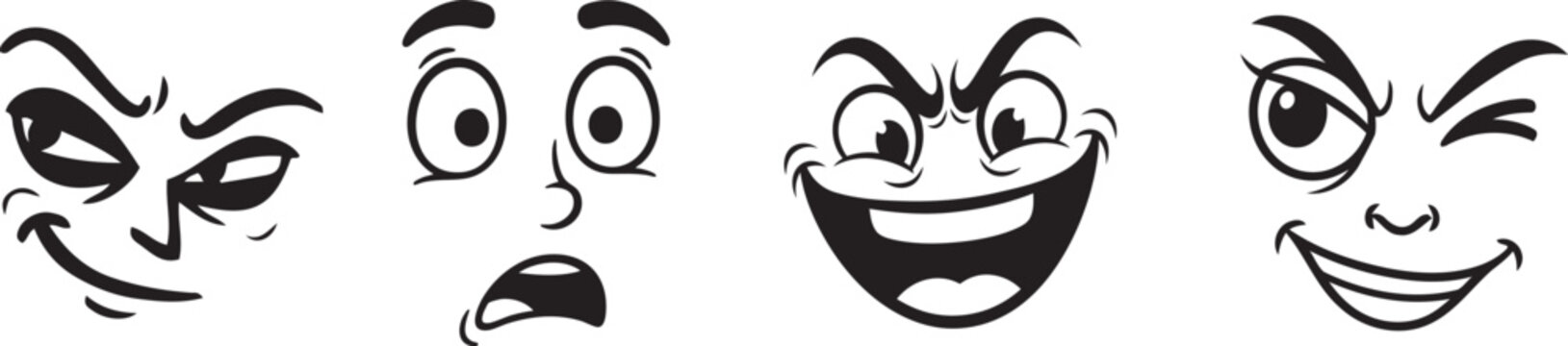 Set of facial expressions and emotional cartoon character faces.