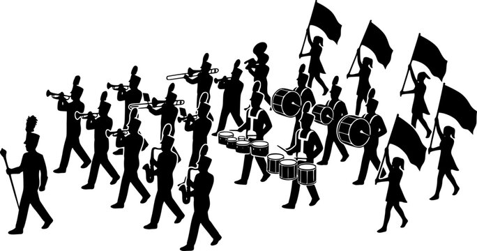 Marching band silhouettes, musicians with instruments, parade performers, flag bearers, drummers, trumpet players, marching formation, band performance illustration 