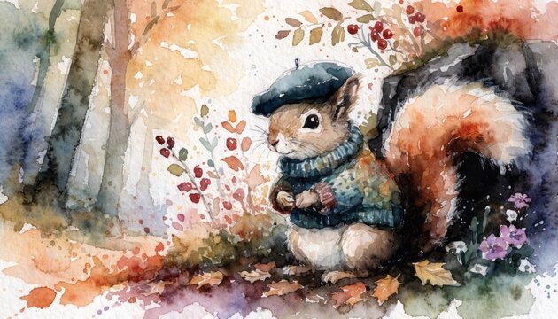 Adorable Squirrel Wearing Sweater and Beret in Autumn Forest with Colorful Leaves and Berries