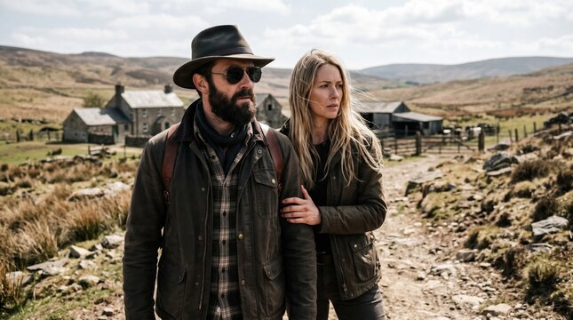 Couple walks on a country path near a farmhouse in a rural area during daytime with hills in the background