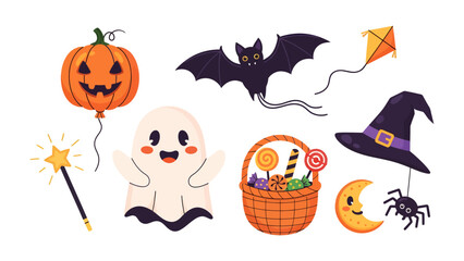 Halloween Collection: A whimsical collection of classic Halloween icons including a pumpkin balloon, a friendly ghost, a witch's hat, a wand, a bat kite, a candy basket, a crescent moon, and a spider.