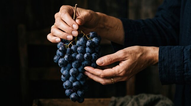 Hands hold a bunch of dark grapes with focus on texture in a rustic setting