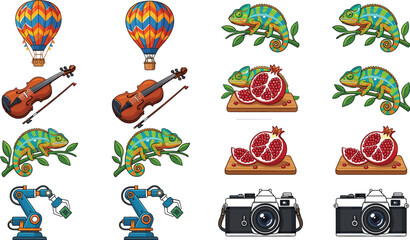 Detailed Vector Icon Collection Featuring Colorful Hot Air Balloons, Classical Violins, Exotic Chameleons, Sliced Fresh Pomegranates, Industrial Robotic Arms, and Vintage Photo Cameras © Galib