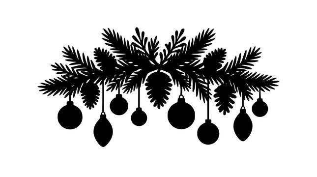 christmas fir branch silhouette with hanging ornaments and pine cones