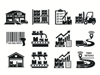 Fototapeta premium Smart Logistics Warehouse Automation and Cargo Shipping Line Icons