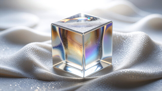Glass cube with iridescent reflections on fabric