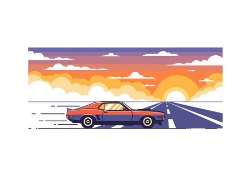 Classic red muscle car driving on an open road at a vibrant sunset cinematic retro style illustration