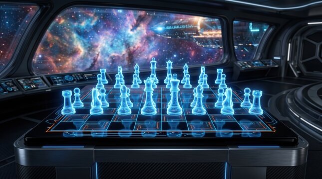 Futuristic chess game in a spaceship with a view of outer space and colorful galaxies