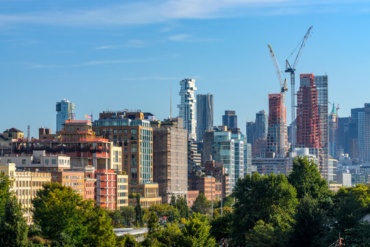 Lower Manhattan Skyline with Construction Cranes from Pier 57