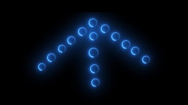 Neon blue arrow sign made of glowing circles pointing upward on a black background