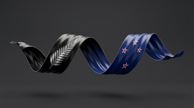 Waving satin ribbon presenting New Zealand national symbols with the silver fern leaf on black silk transitioning into the blue Southern Cross flag representing kiwi pride and heritage