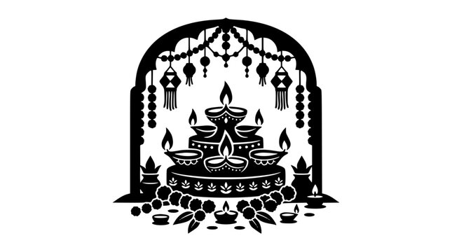 Diwali celebration silhouette with traditional oil lamps and festive decorations
