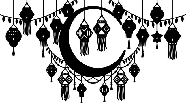 Silhouette of Traditional Diwali Lanterns and Crescent Moon for Festival Decoration