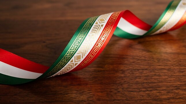 Italian National Flag Ribbon in Green White and Red Colors with Gold Ornaments Curled on a Wooden Surface Symbolizing Patriotism Culture and Celebration during Republic Day Festivities