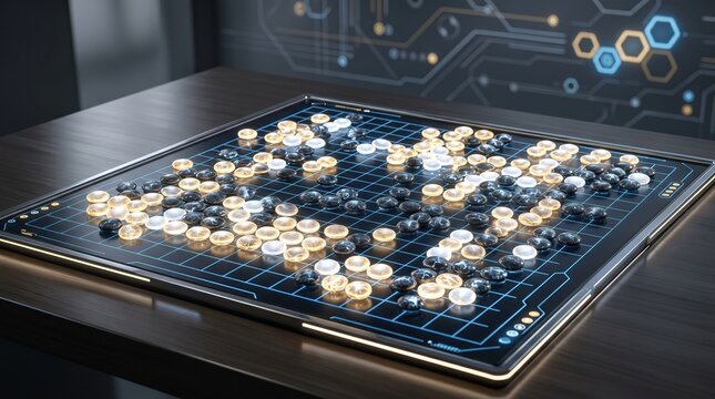 Game board with black and white pieces in a digital setting during an indoor session in modern design