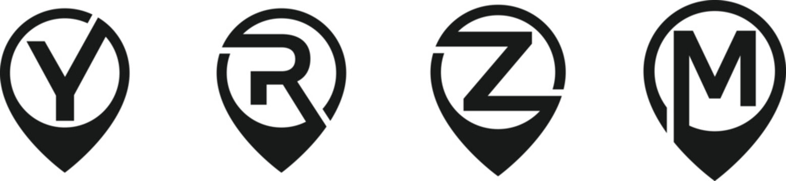 Set of black map pointer icons with letters Y R Z M, simple vector illustration on transparent background.