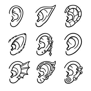 Set of nine unique illustrated ear designs with various piercings and 
