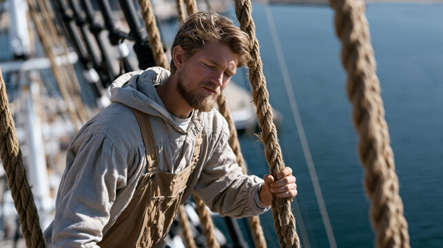 Rigging conservator scales outdoor historical tall ship mast at maritime museum, examining original hemp standing rigging for preservation assessment, nautical heritage