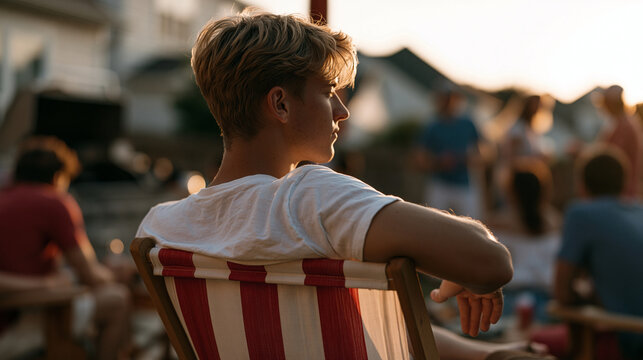A man sitting alone at a Labor Day backyard gathering, everyone else animated around a grill, his chair slightly pulled back from the group, the loneliness of feeling unseen in a