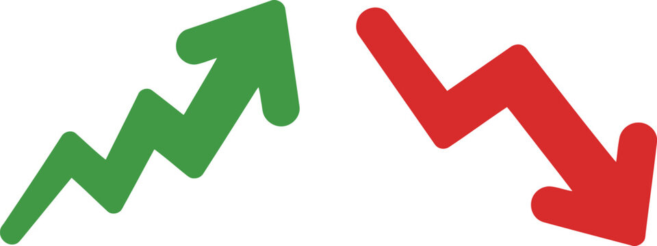 Green rising arrow and red falling arrow representing financial growth and decline on a white background